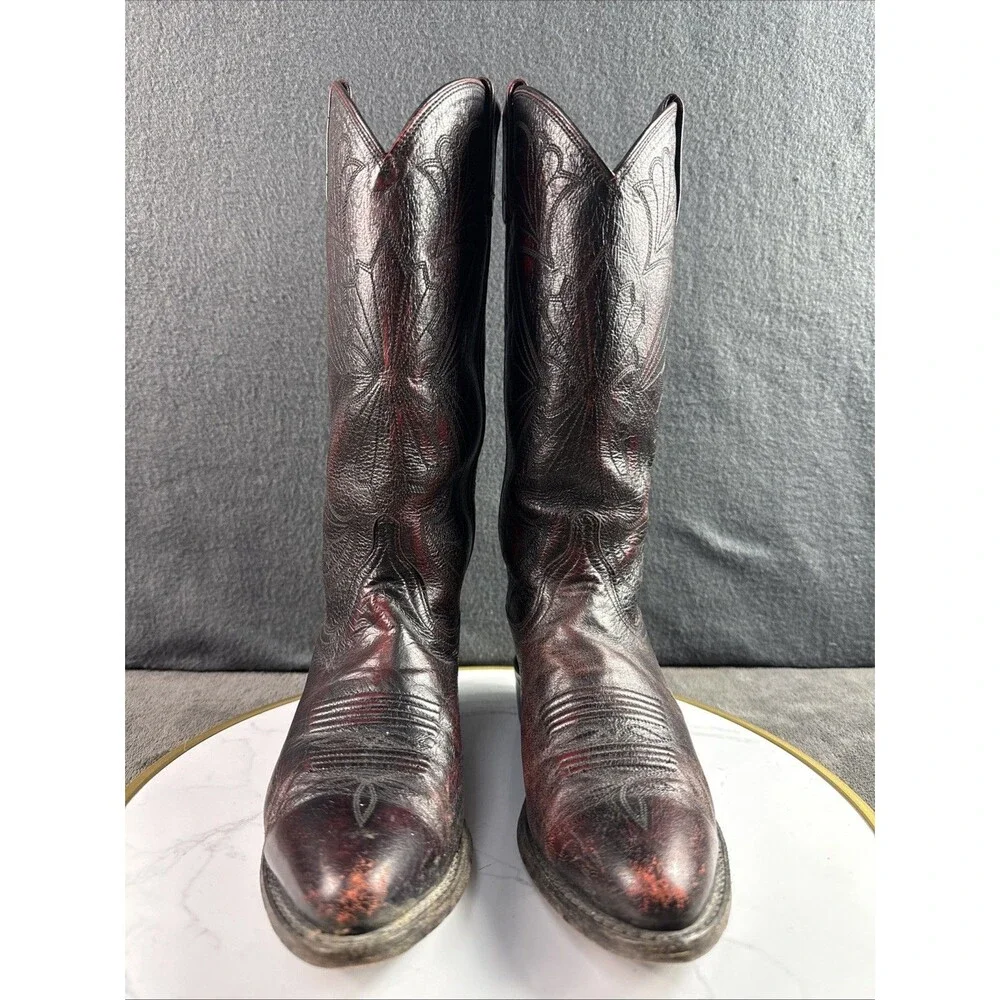 Vintage Dan Post Burgundy Red Black Leather Cowboy Boots 7M Women Western Rodeo